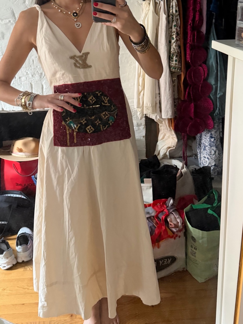 LV-Inspired Cream V-Neck Maxi Dress with Burgundy Appliqué
